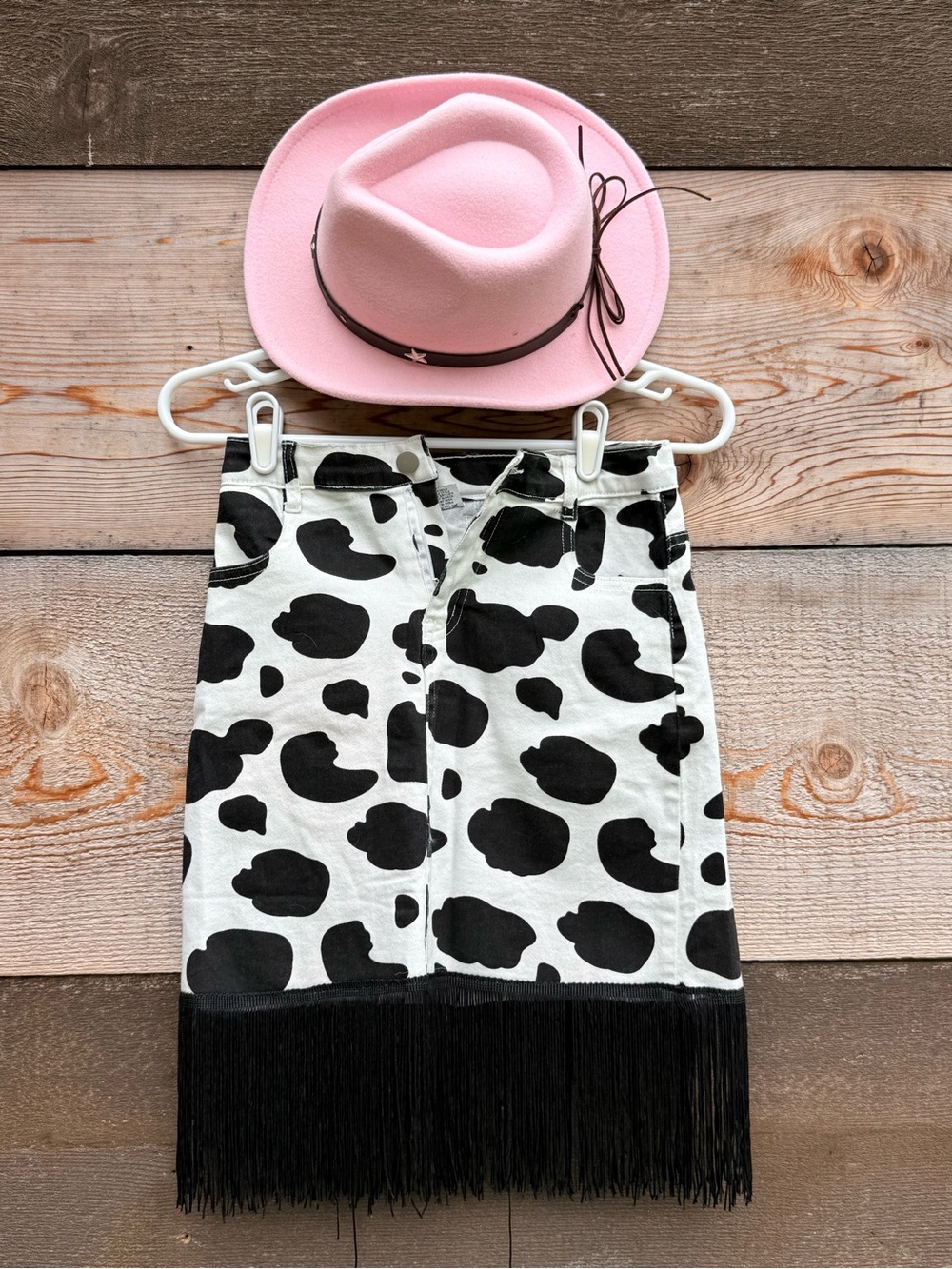 Girls Halloween Cowprint Fringe Denim Skirt Black & White and Pink Cowgirl Hat